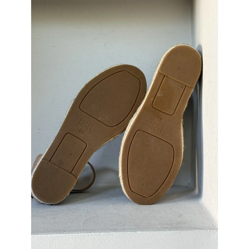 Eileen Fisher Women Tan Leather Espadrille Ankle Strap Flat Sandals Size 6.5